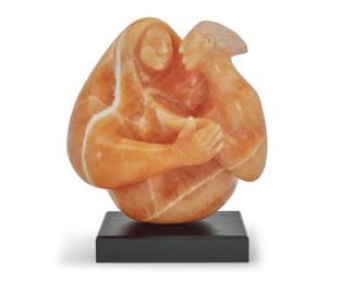 296 Erwin Binder (1934-1993) Couple embracing Carved alabaster on painted wood base Incised with signature and illegible date: Binder Stone: 15.625" H x 13.75" W x 10.5" D; Overall: 17.5" H Estimate: $400 - $600