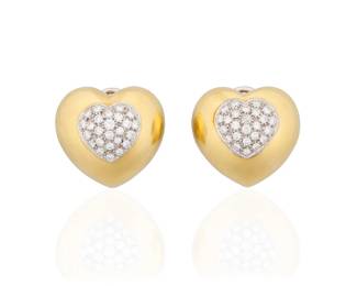 98 A Pair of 18K Gold and Diamond Heart Earclips Of a heart-shaped high polish design centering fifty-town round diamonds weighing approximately 1.30 carats total 2 pieces  Measures: 1 x 3/4 in. 20.5 grams gross Estimate: $1,500 - $2,000