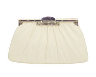 134 Judith Leiber: A White Exotic Leather Clutch Bag with Amethyst Marked to interior plaque: Judith Leiber / © A vintage white pleated karung snake leather purse with silver-toned metal hardware and with an amethyst curved stone clasp and inset amethyst and diamanté decorative frame edge, with a drop-in silver chain strap, tonal satin fabric lining and matching satin coin purse, as well as a silver compact, silver comb with tassel, and original leather care certificates  6 in. H x 9 3/4 in. W x 2 1/4 in. D; drop: 20 in. Estimate: $200 - $300