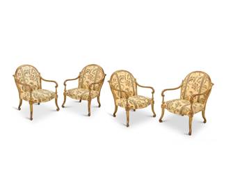 351 A set of four Rose Tarlow Melrose House giltwood 'Verona' armchairs Late 20th century Each with scrolled armrest terminals and feet, upholstered in a foliate pattern fabric 4 pieces Each: 43" H x 33" W x 33.5" D Estimate: $1,500 - $2,500