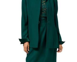 159 Christian Dior: A Dark Green Formal Ladies Suit Ensemble Circa 1990s-2000s, USA Labels: Christian Dior / Made in USA A three-piece green wool suit comprising a loosely tailored jacket with cotton velvet pointed collar and cuffs, together with a matching straight skirt and pair of pleated tapered leg trousers, each fully lined, as well as an associated 'Nap' dark green stretch lace camisole tank top 4 pieces  Jacket: bust across front: 21 in.; waist: 20 in.; sleeves: 25 1/2 in.; across back at shoulders: 16 in.; CB length: 28 in. Top: size L; length: 21 1/2 in. Skirt: size 14: waist across front: 16 in.; hips: 22 in.; length: 25 in. Pants: size 14: waist across front: 16 in.; hips: 24 in.; length: 42 1/2 in.; inseam: 30 1/2 in. Estimate: $200 - $400