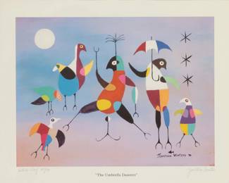 444 Jonathan Winters (1925-2013) "The Umbrella Dancers," 1970 Offset lithograph in colors on paper Edition: Artist's Proof 25/30 Signed, numbered, and inscribed "Artist's Proof" in pencil in the lower margin: Jonathan Winters; signed and dated "70" in the image and with the printed title in the lower margin Image: 13.5" H x 18" W; Sight: 16.5" H x 21" W Estimate: $50 - $75