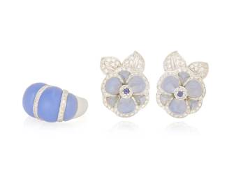 32 An 18K White Gold, Chalcedony and Diamond Ring and Earring Set Featuring blue chalcedony cabochon elements together with a pair of flower motif earrings, all accented by round diamonds weighing approximately 2.05 carats total 3 pieces  Ring: 8 1/4, Earrings: 1 x1 in. 51.0 grams gross Estimate: $4,000 - $6,000