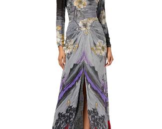 128 Hanae Mori: A Vintage Beaded Print Silk Evening Gown Circa 1980s Label: Hanae Mori Paris A long printed silk fitted dress with multicolor beading overall, in black, grey, purple, and red in a floral and landscape design, the front with ruched waist and skirt, with high front split, long sleeves, and black silk lining  No size label: bust across front: 18.5 in.; waist: 13.5 in.; hips: 19 in.; sleeves: 24 in.; CB length: 61 in. Estimate: $300 - $500