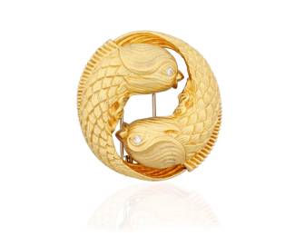 116 David Webb: An 18K Gold David Webb Pisces Pendant/Brooch Featuring two fish swimming in a circular design accented by two round diamonds, signed David Webb and Webb  Measures: 2 x 2 in. 53.0 grams gross Estimate: $6,000 - $8,000