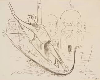 232 Jean Cocteau (1889-1963) Gondolier in Venice, one plate from the "Venice" series, 1956 Lithograph on wove paper Edition: 47/150 (there are also 25 proofs numbered in Roman numerals), printed and published in 1975 Signed, dated, and inscribed in the stone: Jean Cocteau / 23 Juillet 1956 / "à Venise"; numbered in pencil lower right; Fernand Mourlot, Paris, prntr, with his pencil initials lower left; A.C. Mazot, Paris, pub. Sight: 19" H x 24" W Estimate: $300 - $500