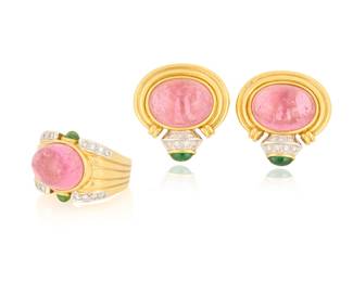 105 An 18K Gold, Pink Tourmaline, Emerald and Diamond Ring and Earring Set Featuring fluted designs centering pink oval cabochons weighing approximately 11.59, 14.40 and 14.65 carats, accented by emerald cabochons and round diamonds 3 pieces  Ring: 6 3/4, Earrings: 1 x 1 in. 39.3 grams gross Estimate: $3,000 - $5,000
