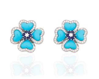 33 A Pair of 14K White Gold, Turquoise, Sapphire and Diamond Earclips Of a floral design featuring carved turquoise petals, centering round sapphires and finished with round diamonds weighing approximately 2.60 carats 2 pieces  Measures: 1 1/4 in. 26.3 grams gross Estimate: $1,500 - $2,000