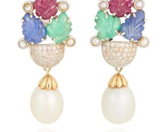 39 A Pair of Bi-Color Gold, Cultured Pearl, Gem-Set and Diamond Earclips 18k white gold featuring carved foliate designed ruby, emerald and sapphire accented by round diamonds weighing approximately 1.96 carats, suspending 14k gold and cultured pearl drops 2 pieces  Measures: 1 7/8 x 3/4 in. 22.9 grams Estimate: $2,000 - $3,000