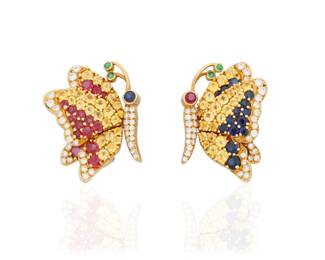 3 Jean Vitau: A Pair of 18K Gold and Gem-Set Butterfly Earclips Of a butterfly design featuring wings set with round yellow sapphires, rubies and sapphires all accented by round diamonds, signed Jean Vitau 2 pieces  Measures: 1 x 3/4 in. 30.3 grams gross Estimate: $1,500 - $2,000