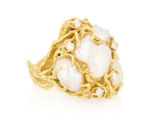 10 An 18K Gold, Baroque Pearl and Diamond Ring Of an organic design featuring four baroque pearls finished with four round diamonds  Size: 7 1/2 25.5 grams gross Estimate: $1,200 - $1,800