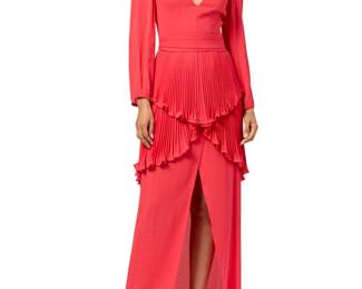 145 André Laug: A Red Silk Pleated Tiered Dress Circa 1970s-1980s, Italy Labels: André Laug / for Audrey s.r.l. Roma / Made in Italy; Neiman Marcus A long dress in pale red figured silk crepe, with a fitted deep V-neck bodice with long sleeves, shoulder pads, and pintuck accents front and back, and the skirt with two pleated tiers over a front wrap long skirt, with a back zipper and detachable cummerbund-style self-belt 2 pieces  Size 10: bust across front: 18 1/2 in.; waist: 14 in.; hips: 19 1/2 in.; sleeves: 26 in.; CB length: 61 in. Belt: 30 1/2 in. x 2 3/4 in. Estimate: $200 - $400
