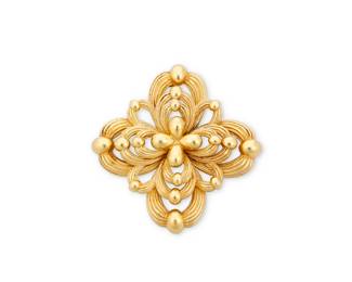 45 An 18K Gold Pendant/Brooch Of a graduated quatrefoil design, with makers mark  Measures: 2 1/2 x 2 1/2 in. 68.0 grams gross Estimate: $5,000 - $7,000