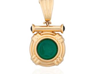 69 A 14K Gold and Intaglio Pendant Featuring a round dyed green chalcedony intaglio, accented by two round onyx cabochons set in a stepped design  Measures: 1 1/2 x 3/4 in. 6.7 grams Estimate: $400 - $600