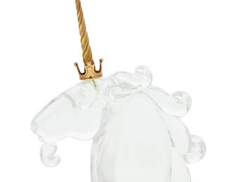 377 A Steuben glass and 18k gold 'Unicorn' paperweight Late 20th/early 21st century Designed 1965 by James Houston (1921-2005), model 1004 Etched to underside: Steuben 6.875" H x 5.875" W x 1.625" D Estimate: $1,000 - $1,500