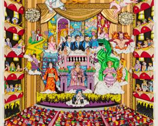 445 Charles Fazzino (b. 1955) "A Night at the Met," 1996 3-D screenprint in colors with mixed media hand embellishments on rag museum board Edition: 4/400 DX Signed twice, titled, numbered, and inscribed with an artist's remarque, all in pencil in the lower margin: Charles Fazzino / "The Opera isn't over til the S.H.A.R.E. girls sing" Image: 35" H x 29" W; Sight: 38" H x 31" W Estimate: $800 - $1,200