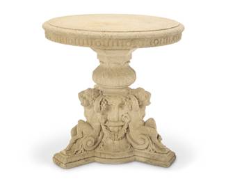 321 A Baroque style cast stone garden table 20th century The top raised on a tripod pedestal cast with three satyrs accented by grape bunches and laurel swags 2 pieces Base: 31" H x 31" Dia.; Top: 4" H x 34.5" Dia. Estimate: $1,200 - $1,800