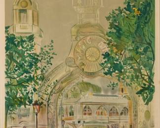 359 Maurice Valadon Utrillo (1883-1955) Proof for "Bal de Nuit de l'A.A.A.A.," 1925 Lithograph in colors on wove paper A rare proof, before letters (apart from the published edition with lettering printed throughout the sky) Signed, titled, and dated in the stone at lower right: Maurice, Utrillo, V / Bal de l'A.A.A.A / Vendredi 3 Avril 1925; inscribed "745" in pencil in an unknown hand on the verso of the upper right sheet corner Image: 43.5" H x 28.5" W; Sheet: 45.375" H x 31" W Estimate: $300 - $500