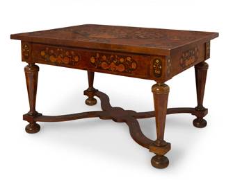 389 A Dutch marquetry center table 19th century The top with inlaid vignettes of jardinières and floral arrangements on a burlwood ground, the single drawer front, sides, and curved X-stretcher with conforming marquetry 30.5" H x 48.25" W x 35.5" D Estimate: $1,000 - $1,500