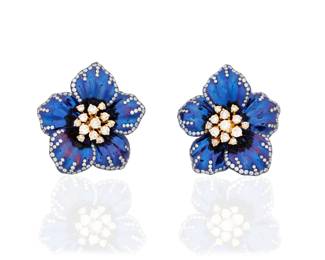 34 A Pair of Titanium, Gold and Diamond Earrings Of a flower design featuring purplish blue titanium petals centering and accented by round diamonds weighing approximately 3.20 carats total 2 pieces  Measures: 1 3/8 x 1 1/8 in. 14.6 grams Estimate: $1,500 - $2,000