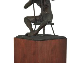 318 Gerald Fellman (20th century) Seated nude female figure Patinated bronze on rotating wood plinth Edition: A.P. Signed and numbered on the base: G. Fellman Bronze: 6.75" H x 5.25" W x 5.25" D; Overall: 11" H x 5.375" W x 5.375" D Estimate: $300 - $500