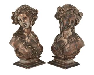 436 Two French silvered bronze busts of maidens Mid-19th century After models by Louis Valentin Elias Robert (1821-1874) and Joseph Charles Marin (1759-1834) One marked: L.V.E. ROBERT; the other marked: marin. A.D. [Auguste Delafontaine foundry, Paris] 2 pieces Robert: 8" H x 5.125" W x 3.625" D; Marin: 7.875" H x 5" W x 3.375" D Estimate: $600 - $800