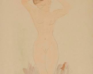 233 After Auguste Rodin (1840-1917) Model fixing her hair, from the series "Douze Aquarelles," 1920 Lithograph in colors on cream paper With the printed initials in the image, lower right: AR; George Editions, pub., with their blindstamp in the lower right margin Image: 11.5" H x 7" W; Sight: 14.25" H x 10.5" W Estimate: $200 - $300