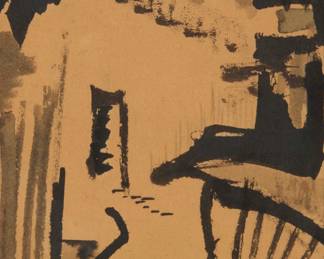 358 Style Of Maurice De Vlaminck (1876-1958) Building exterior India ink on tan paper Indistinctly signed lower right: Sply Sight: 6" H x 4.5" W Estimate: $100 - $200