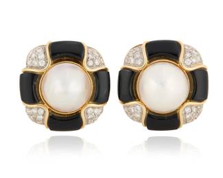 25 A Pair of 14K Gold, Mabe Pearl, Onyx and Diamond Earclips Centering two mabe pearls, accented by carved onyx elements and finished with round diamonds weighing approximately 1.92 carats total  Measures: 1 x 1 in. 21.1 grams gross Estimate: $1,000 - $1,500