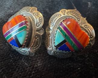 Sterling Silver - Native American Zuni - Style Heart Shaped Earrings Designed by Q.T.