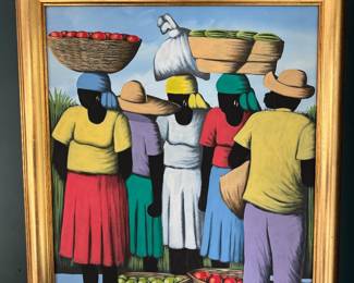 Framed Original Oil on Canvas Market Scene Signed Romane Jereme (28"H x 25"W)