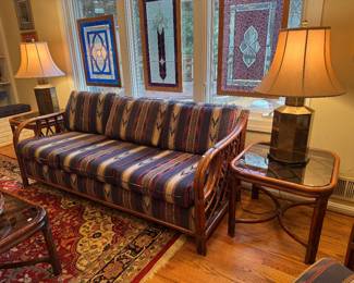 Bent Rattan Sofa with Removable Upholstered Cushions (34"D x 75"W x 28-1/2" Back Height) & Bent Rattan Glass Top Side Tables (25"W x 24"D x 20"H)