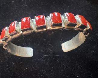 Sterling Silver & Coral Stone Cuff Bracelet Designed by J. Begay
