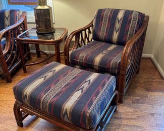 Bent Rattan Armchair (34"D x 28"W x 28-1/2" Back Height) & Ottoman (28"W x 22"D x 15"H) with Removable Upholstered Cushions