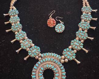 Sterling Silver Navajo Squash Blossom Necklace & Earrings