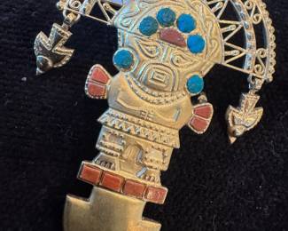 18K Gold & Turquoise Peruvian Tumi Brooch