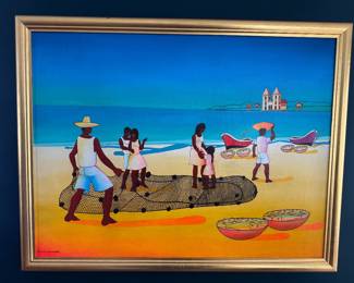 Framed Original Acrylic on Canvas of Ocean Fishing Scene Signed Bayron Cavalcante '98 (34"W x 26"H)