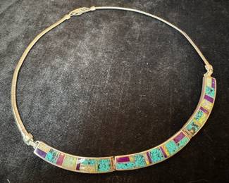 Stering Silver w/ Stone Inlay Necklace by Navajo David Rosales Supersmith Shalako