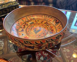 Decorative Wooden Peruvian Bowl from Chinchero Signed Antonio Abad Guispe
