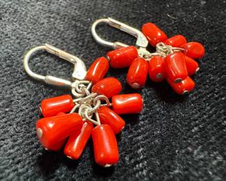Sterling Silver & Red Coral Dangle Earrings