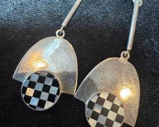 Sterling Silver & Onyx Checkerboard Dangle Earrings
