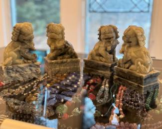 Chinese Hand-Carved Soapstone Foo Dog Book Ends / 2 Pair