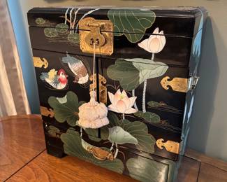 Asian Hand-Painted Lacquered Jewelry Cabinet Purchased From Gump's San Francisco