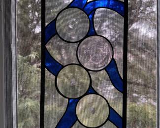 Framed Abstract Blue Circle Swirl Stained Glass Panel