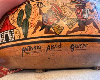 Decorative Wooden Peruvian Bowl from Chinchero Signed Antonio Abad Guispe