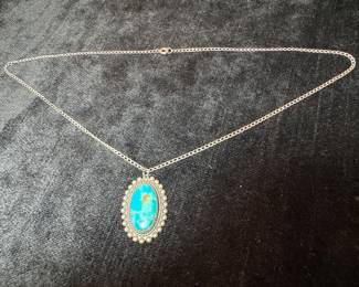 Sterling Silver Necklace with Sterling Silver & Navajo Turquoise Pendant by Jane Popovitch