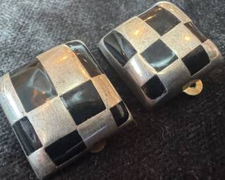 Sterling Silver & Black Onyx Checkerboard Clip-on Earrings