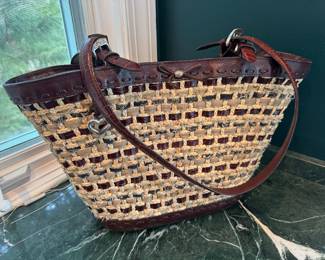 Brighton Brown Leather & Straw Woven Pattern Shoulder Bag