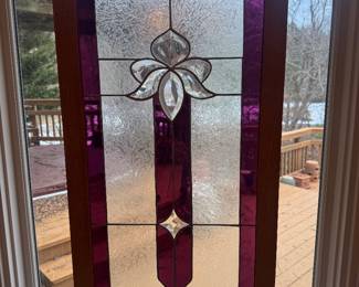 Framed Purple and Clear Stained Glass Design With Central Floral Motif Signed Molly Keys (35"H x 18"W)