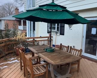 Royal Teak Outdoor Teak Dining Table (83"L x 43"W x 29-1/2"H) with Park Place Outdoor Tear Armchairs (23-1/2"W x 22"D x 34" Back Height / 6 Available) with Eliteshade Outdoor Table Umbrella